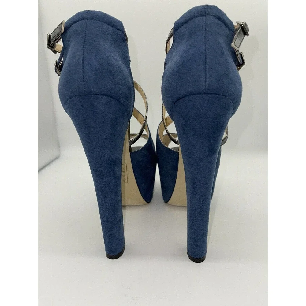 Scene “Marylou” Platform Wedge 5” Heels Blue Suede w/ Silver Accents 7M Open Toe